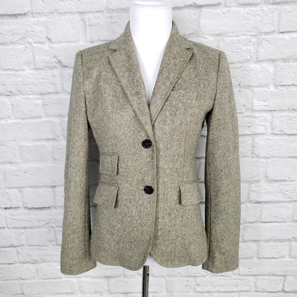 J. Crew Brown Tweed Wool Boyfriend Blazer Leather Suede Elbow Patches Sz 0